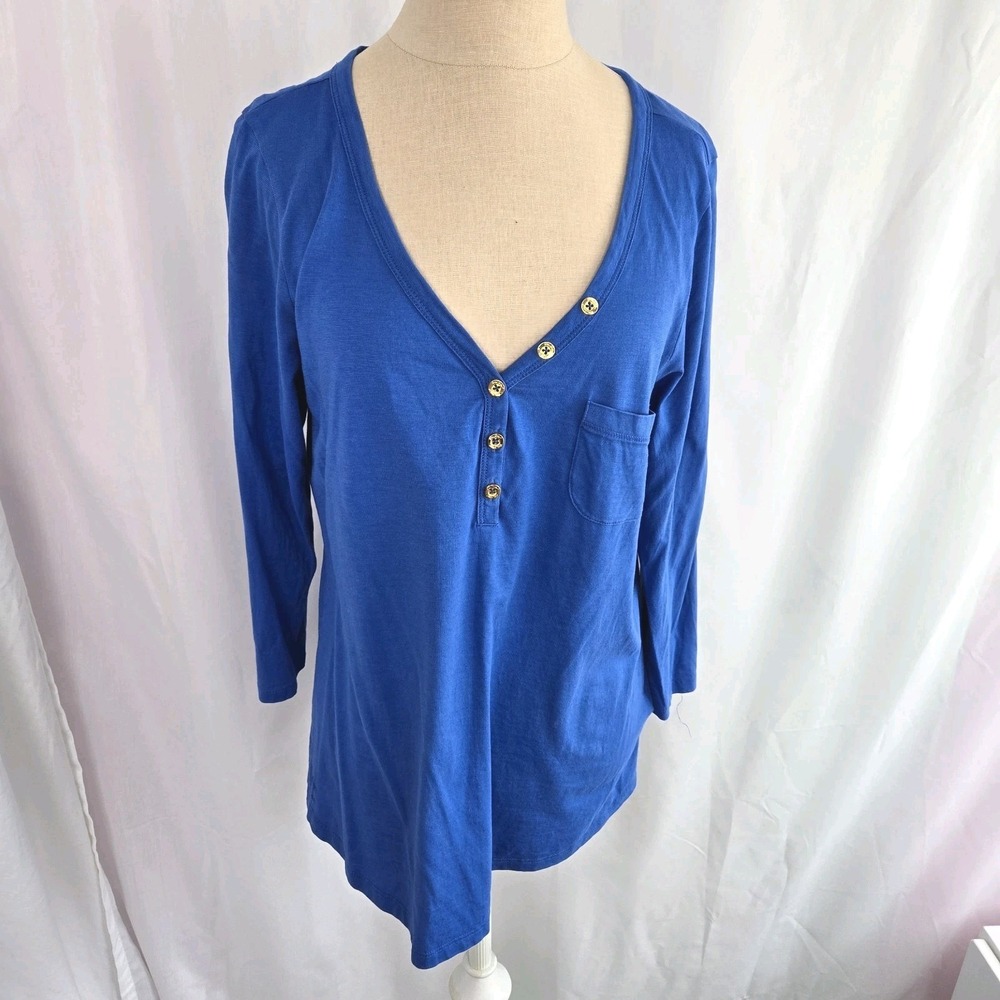 Lilly Pulitzer Solid Blue Cotton Henley Shirt Top‎ Size L Gold Buttons